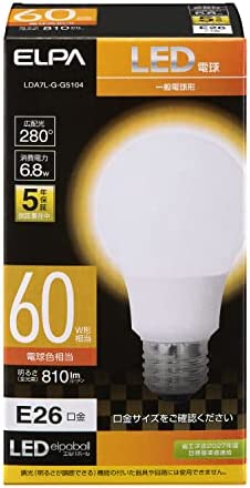 エルパ LED電球 電球形 A形 広配光 口金E26 60W形 電球色 5年保証 LDA7L-G-G5104