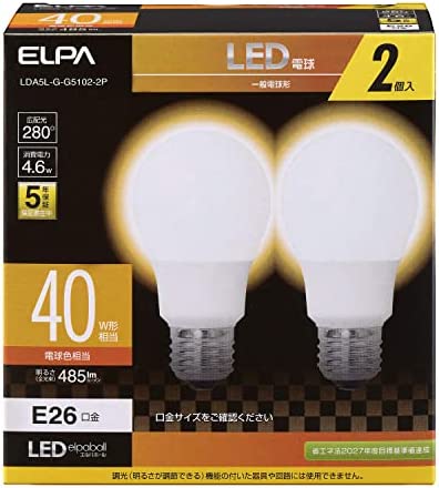エルパ LED電球 2個セット 電球形 A形 広配光 口金E26 40W形 電球色 5年保証 LDA5L-G-G5102-2P