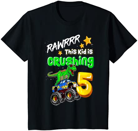 キッズ Rawrrrこの子供は5モンスタートラックT-Rexの誕生日を押しつぶしています Tシャツ