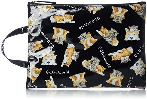 [グーグーワールド] エコバッグ レディース 犬ネコ柄 化粧品 携帯 フラット ポーチ 36501802 ブラック W20cm×H28cm（持ち手はサイズに含