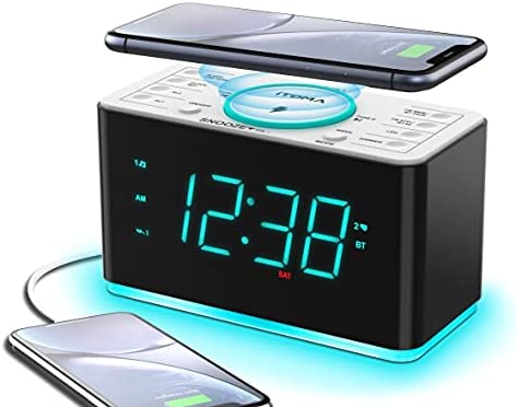 目覚まし時計 ラジオ 15W ブルートゥース USBポート デュアルアラーム スリープタイマー スヌーズ 調光 FMラジオ シアンLEDナイトライト