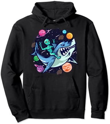 Alien Riding Shark UFO Outer Space Planets Kids Boys Girls パーカー