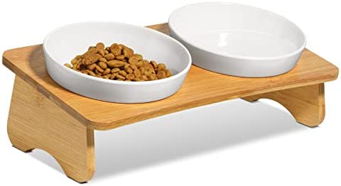 ComSaf 猫食器 傾斜 竹製スタンド付き メラシン樹脂 浅広口タイプ 容量140g 猫えさ 皿 食べやすい 猫 フードボウル ホワイト