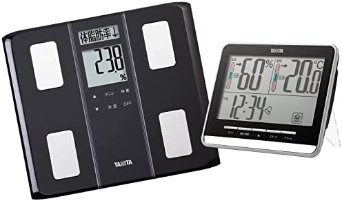 【セット買い】タニタ ブラック 見やすい 大画面 時計 デジタル 温度 湿度 TT-538 BK + 体重 体組成計 ダブル液晶採用 立掛け収納OK BC-3