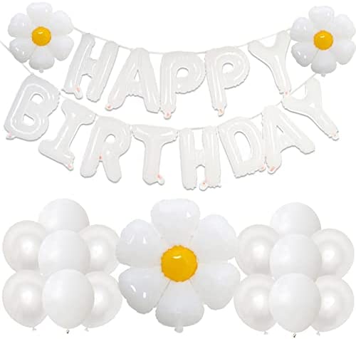 GRESATEK 誕生日 バルーン デイジー 風船 バースデー 飾り付け Happy Birthday 文字 風船 写真映え フラワー 白 ホワイト豪華セット