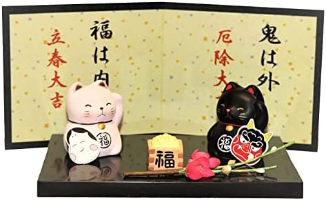 萬古焼 置物 インテリア 卓上 飾り 日本の歳時シリーズ 2月 ねこの節分 ひな祭り ひなまつり 白猫 黒猫 玄関飾り 日本製 18702