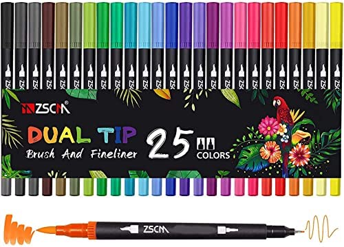 ZSCM 25色 カラーペンセットマーカー 水性 カラーペン セト アートマーカーペン 水彩毛筆 鮮やか 水性ペン手帳 絵手紙 色塗り大人の塗り